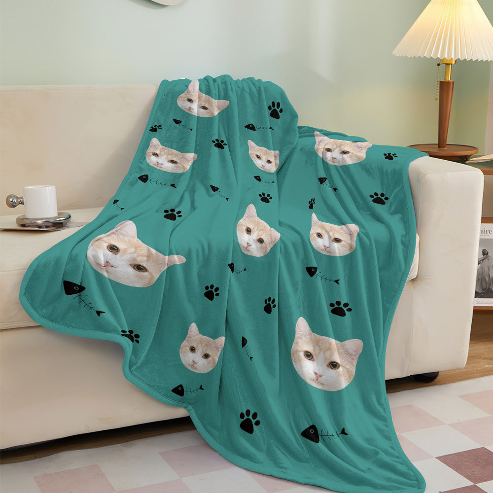 Custom Cat Face Blanket Cat Claws and Fish Spines Personalized Pet Photo Blanket-Blongser