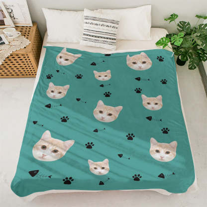 Custom Cat Face Blanket Cat Claws and Fish Spines Personalized Pet Photo Blanket-Blongser