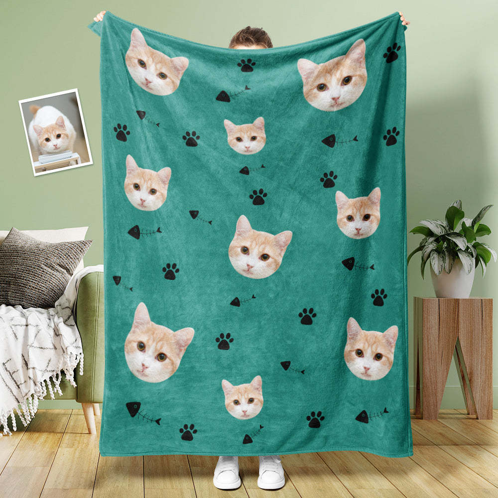 Custom Cat Face Blanket Cat Claws and Fish Spines Personalized Pet Photo Blanket-Blongser