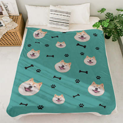 Custom Dog Face Blanket Dog Paws and Bones Spines Personalized Pet Photo Blanket-Blongser