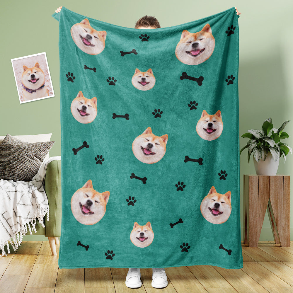 Custom Dog Face Blanket Dog Paws and Bones Spines Personalized Pet Photo Blanket-Blongser