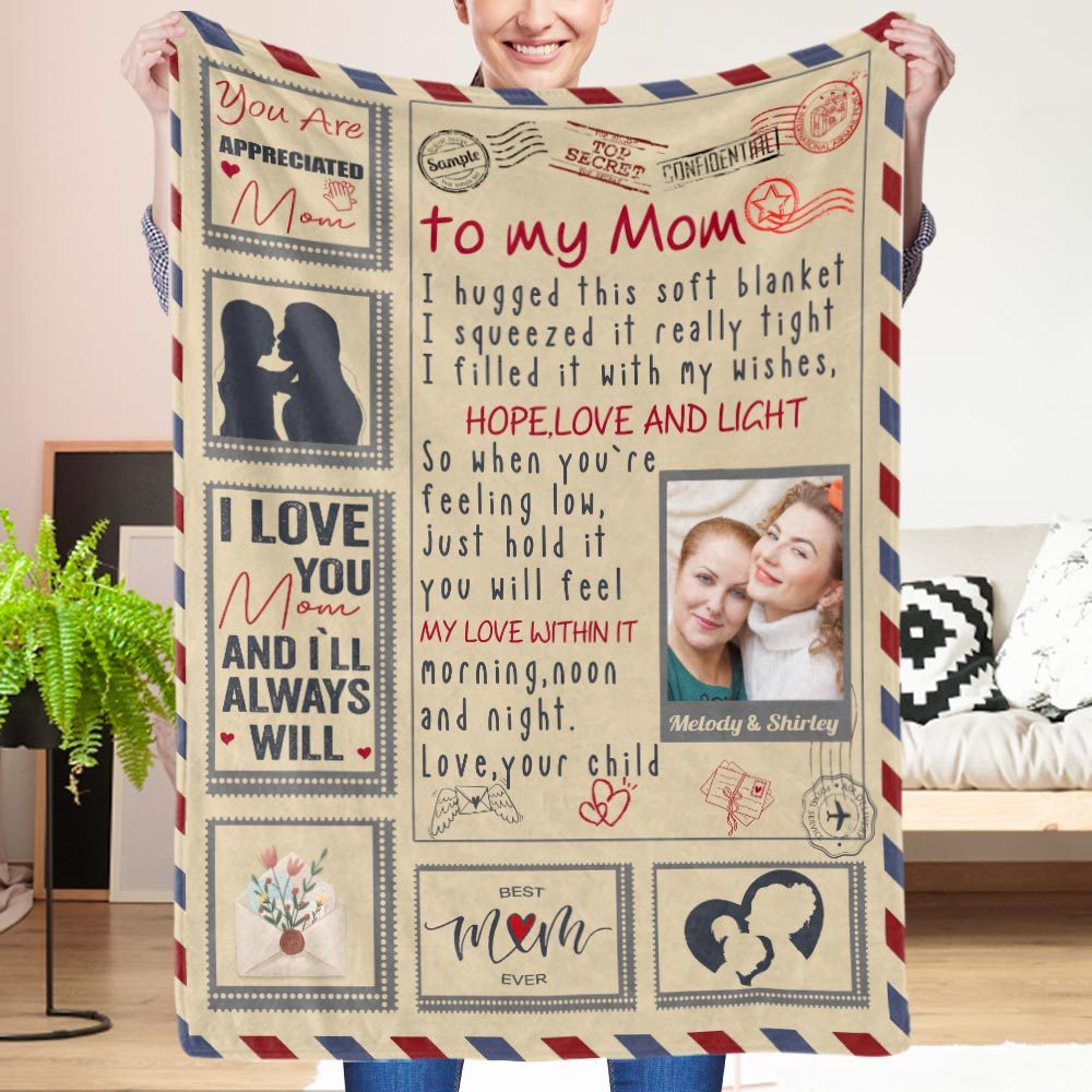 Custom Letter Blanket Personalized Photo Blanket to Mom with Names-Blongser