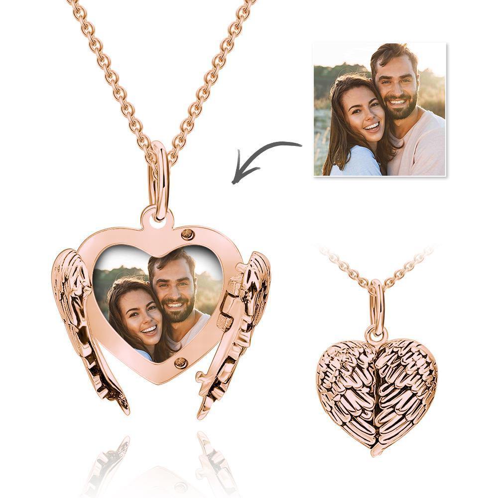 Cutsom Angel Wings Heart Locket Necklace	with Engraving-Blongser