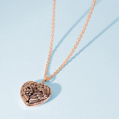 Cutsom Angel Wings Heart Locket Necklace	with Engraving-Blongser