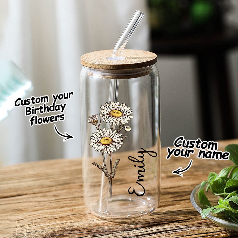 Personalized Name Can Glass with Colorful Birth Flower Custom Can Glass with Straw Gift for Mother Friends Family Bridesmaid-Blongser