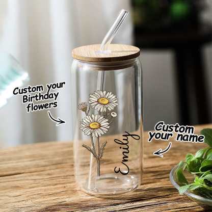 Personalized Name Can Glass with Colorful Birth Flower Custom Can Glass with Straw Gift for Mother Friends Family Bridesmaid-Blongser