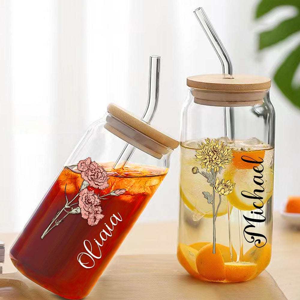 Personalized Name Can Glass with Colorful Birth Flower Custom Can Glass with Straw Gift for Mother Friends Family Bridesmaid-Blongser