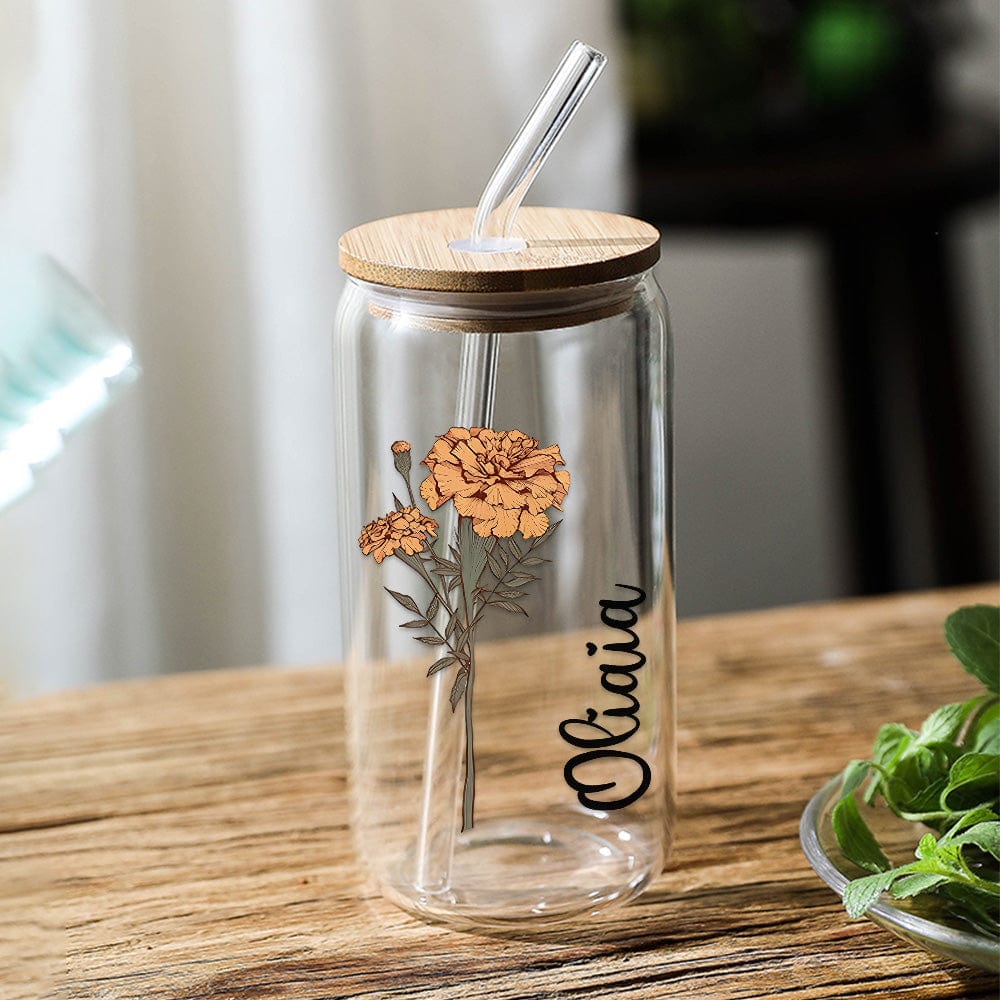 Personalized Name Can Glass with Colorful Birth Flower Custom Can Glass with Straw Gift for Mother Friends Family Bridesmaid-Blongser