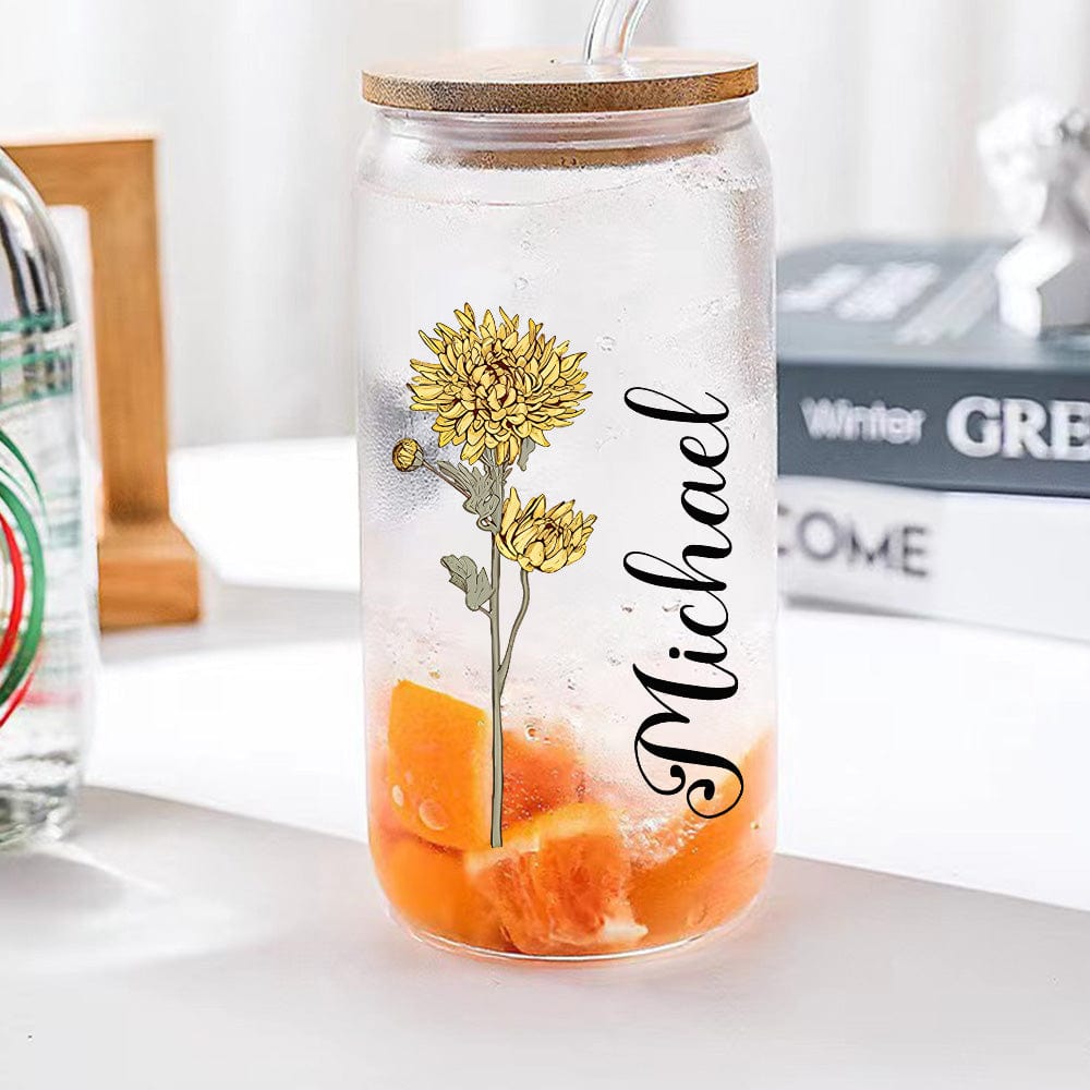 Personalized Name Can Glass with Colorful Birth Flower Custom Can Glass with Straw Gift for Mother Friends Family Bridesmaid-Blongser