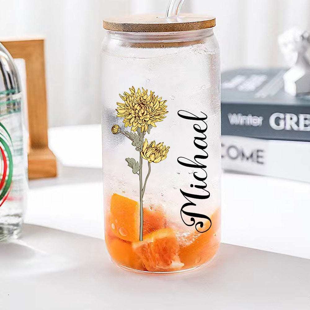 Personalized Name Can Glass with Colorful Birth Flower Custom Can Glass with Straw Gift for Mother Friends Family Bridesmaid-Blongser