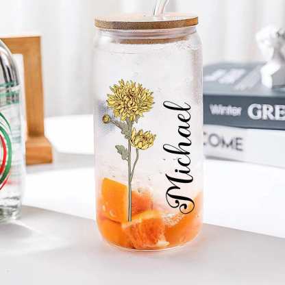 Personalized Name Can Glass with Colorful Birth Flower Custom Can Glass with Straw Gift for Mother Friends Family Bridesmaid-Blongser