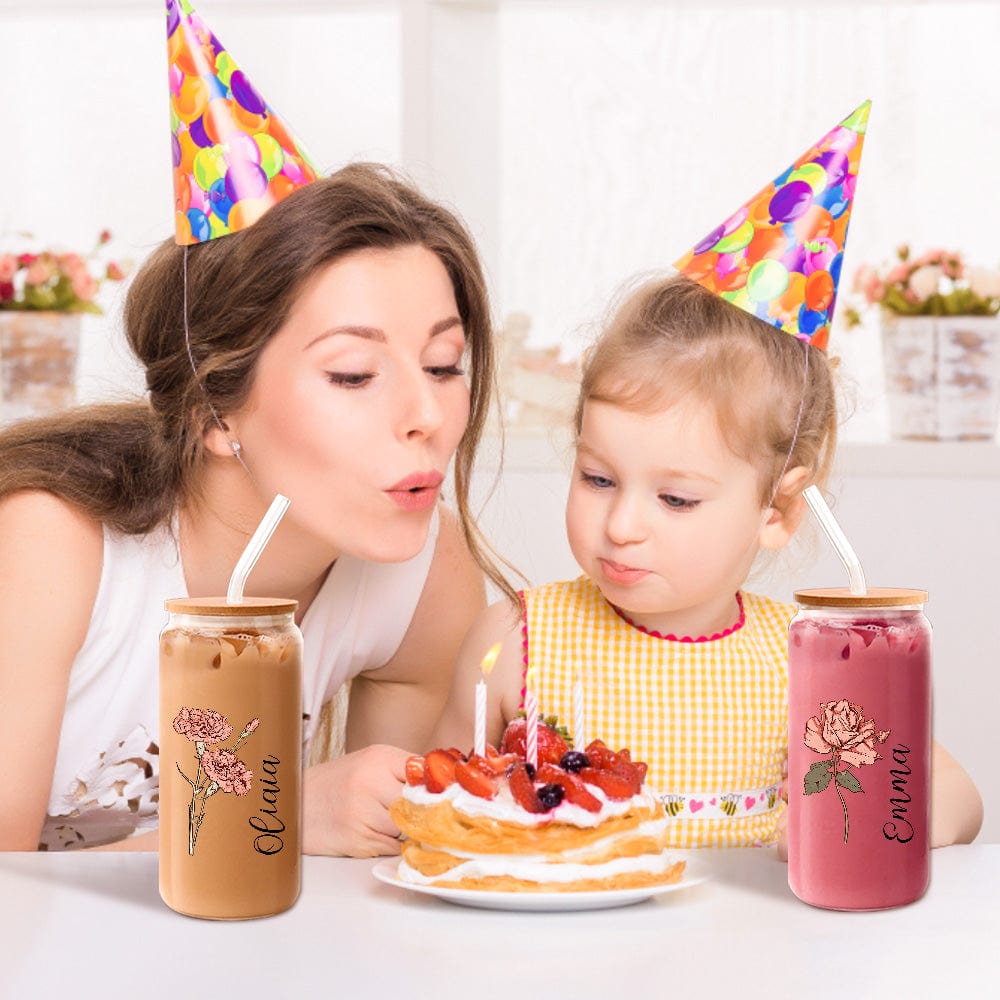 Personalized Name Can Glass with Colorful Birth Flower Custom Can Glass with Straw Gift for Mother Friends Family Bridesmaid-Blongser