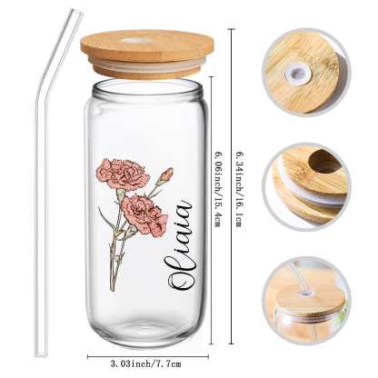 Personalized Name Can Glass with Colorful Birth Flower Custom Can Glass with Straw Gift for Mother Friends Family Bridesmaid-Blongser