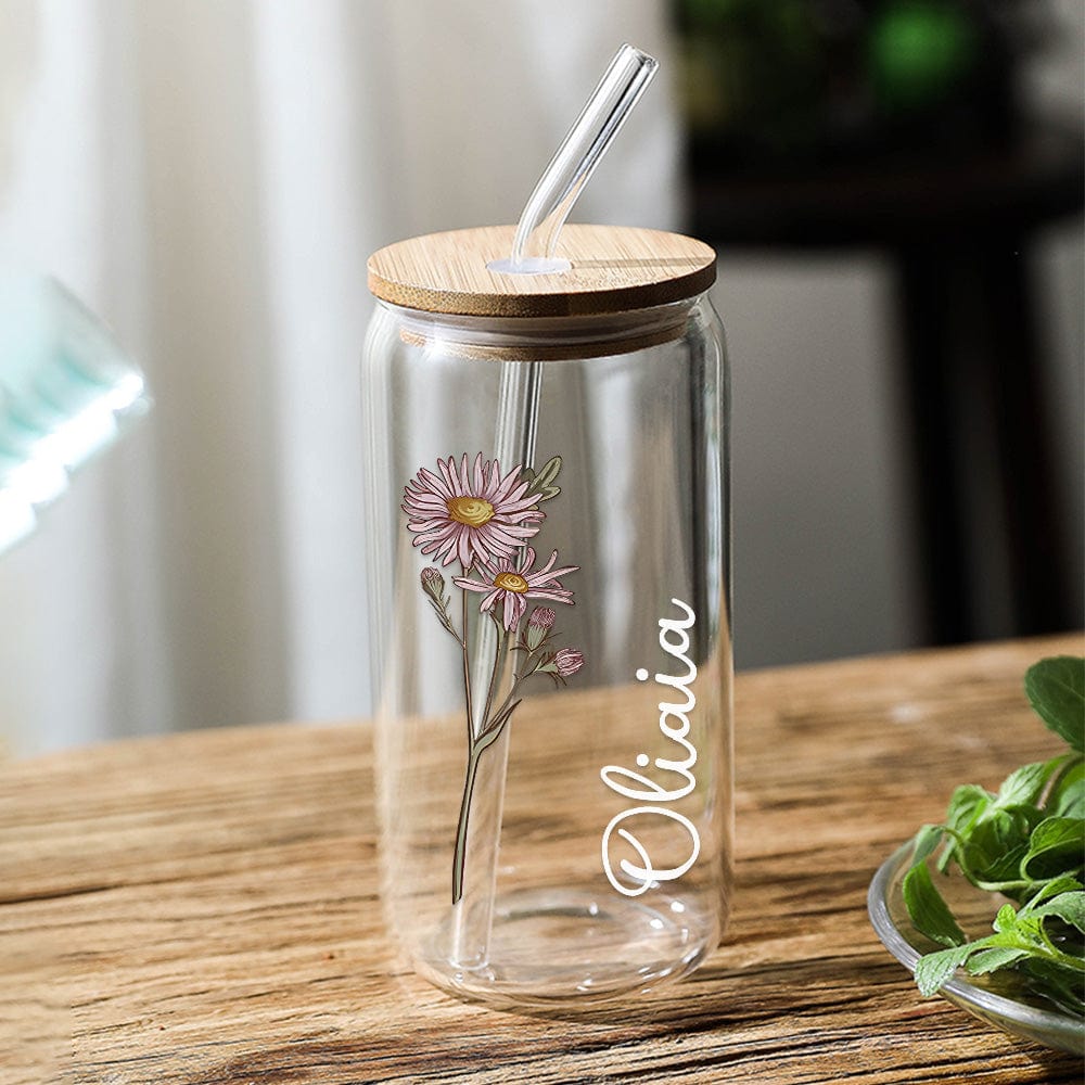 Personalized Name Can Glass with Colorful Birth Flower Custom Can Glass with Straw Gift for Mother Friends Family Bridesmaid-Blongser