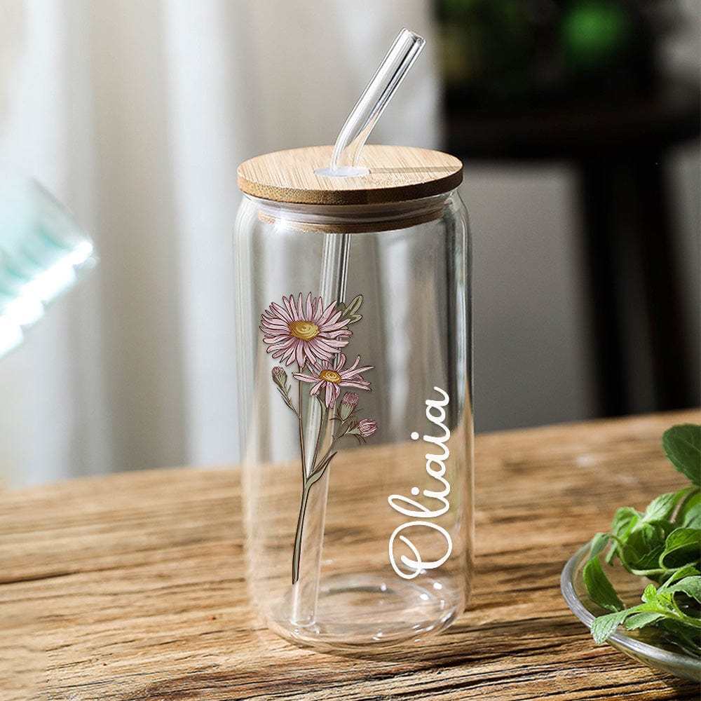 Personalized Name Can Glass with Colorful Birth Flower Custom Can Glass with Straw Gift for Mother Friends Family Bridesmaid-Blongser