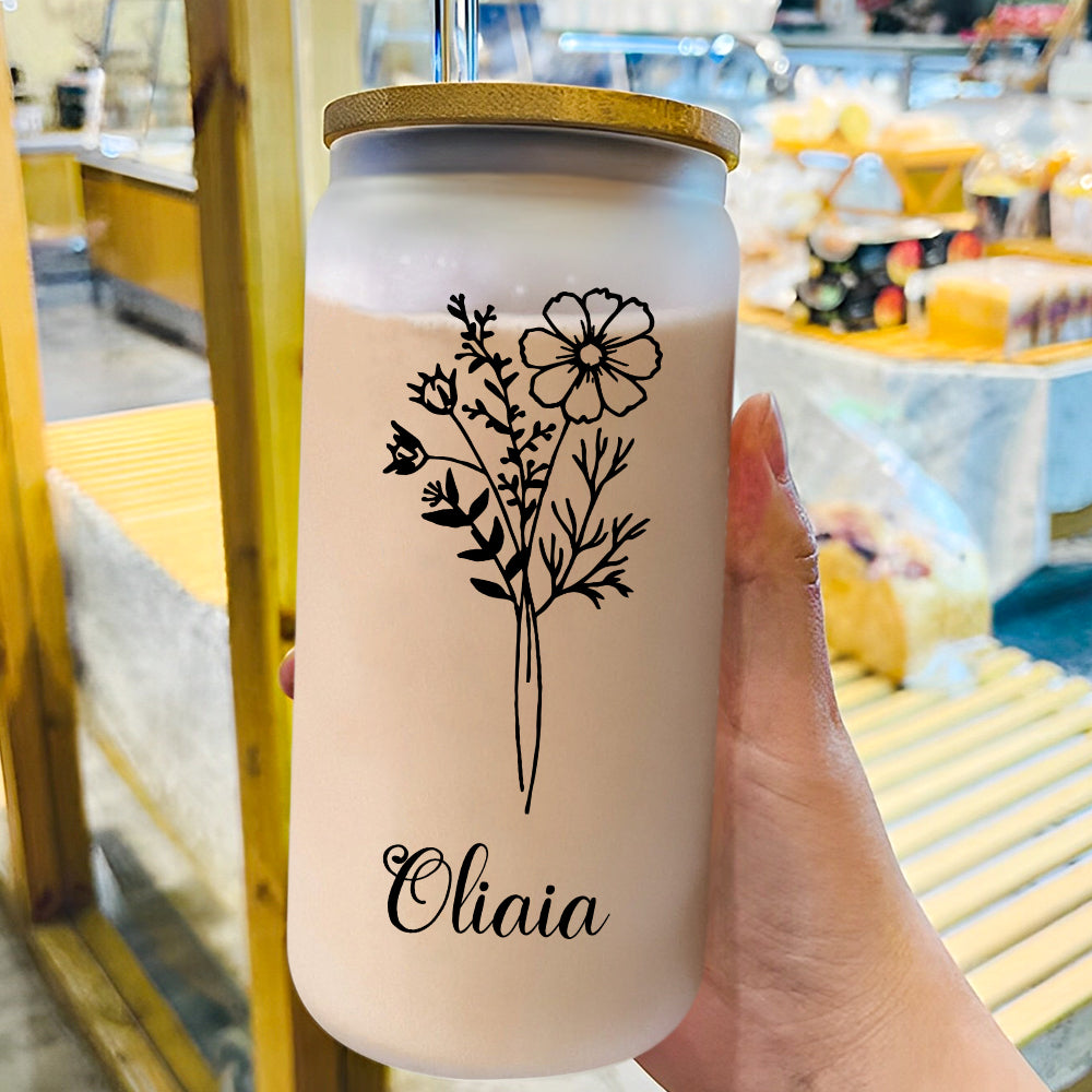 Personalized Name Frosted Can Glass with Birth Flower Custom Can Glass with Straw Gift for Mother Friends Family Bridesmaid-Blongser