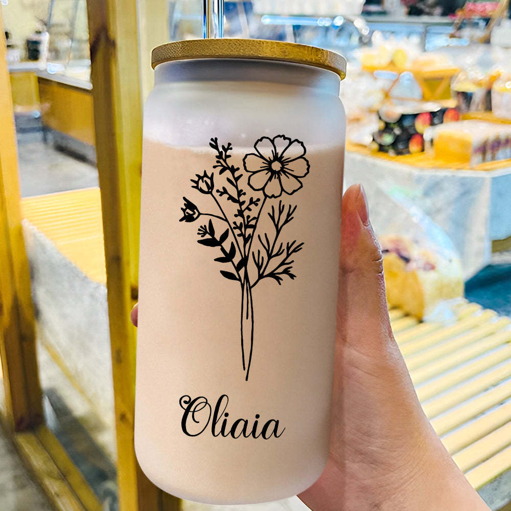 Personalized Name Frosted Can Glass with Birth Flower Custom Can Glass with Straw Gift for Mother Friends Family Bridesmaid-Blongser