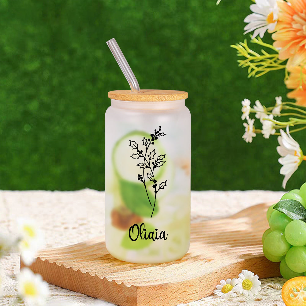 Personalized Name Frosted Can Glass with Birth Flower Custom Can Glass with Straw Gift for Mother Friends Family Bridesmaid-Blongser