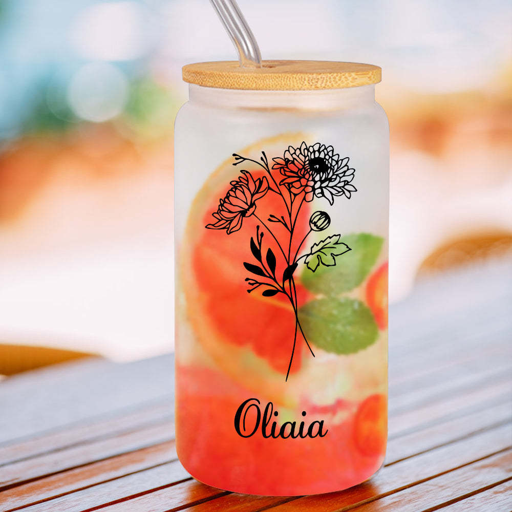 Personalized Name Frosted Can Glass with Birth Flower Custom Can Glass with Straw Gift for Mother Friends Family Bridesmaid-Blongser