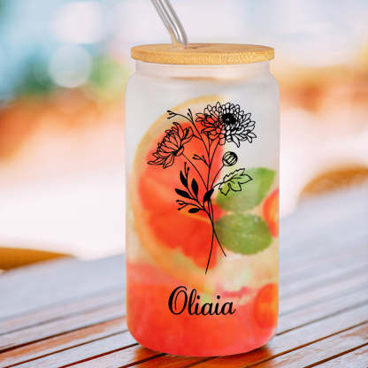 Personalized Name Frosted Can Glass with Birth Flower Custom Can Glass with Straw Gift for Mother Friends Family Bridesmaid-Blongser