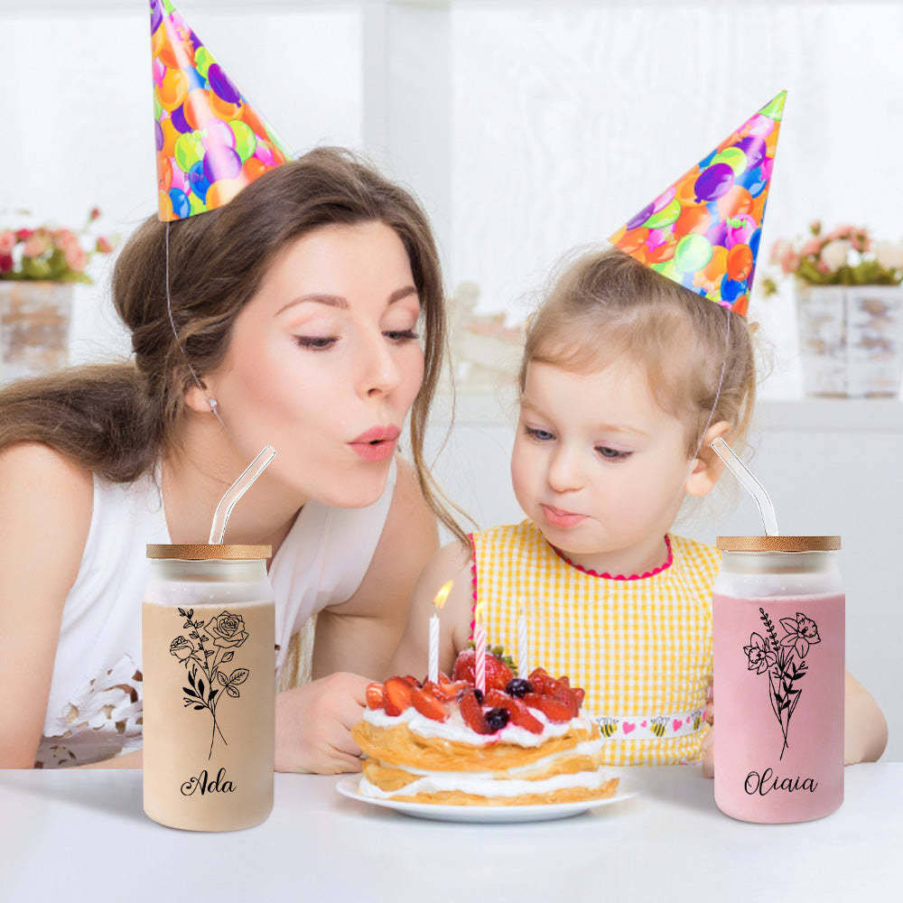 Personalized Name Frosted Can Glass with Birth Flower Custom Can Glass with Straw Gift for Mother Friends Family Bridesmaid-Blongser