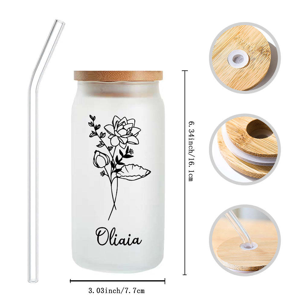 Personalized Name Frosted Can Glass with Birth Flower Custom Can Glass with Straw Gift for Mother Friends Family Bridesmaid-Blongser