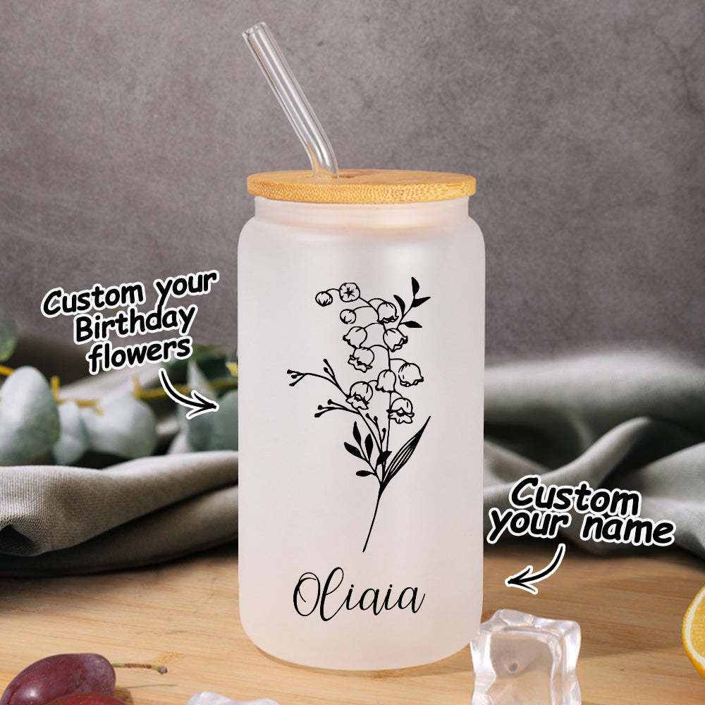 Personalized Name Frosted Can Glass with Birth Flower Custom Can Glass with Straw Gift for Mother Friends Family Bridesmaid-Blongser