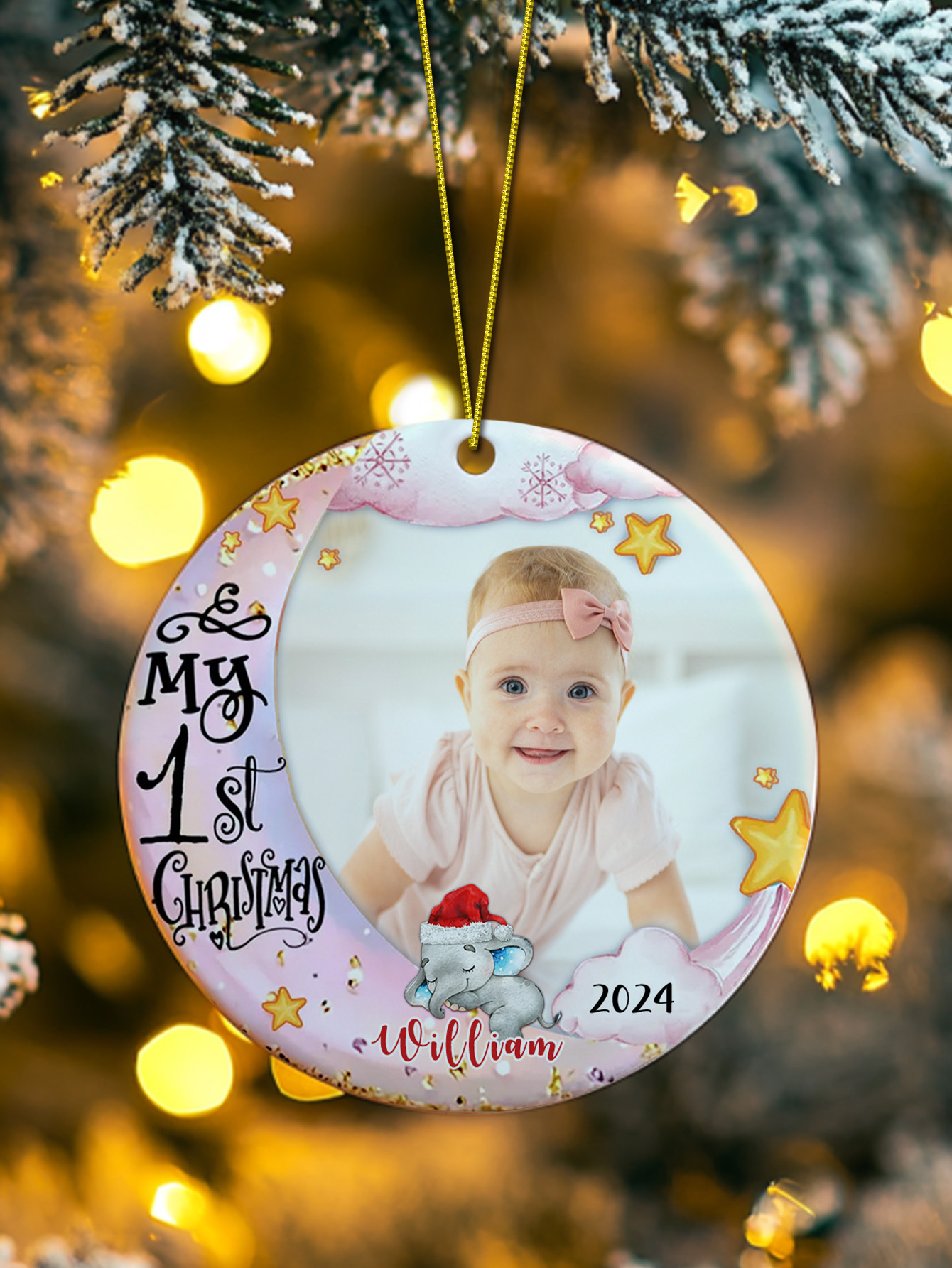 Personalized Baby's First Christmas Ornament Cute Elephant Circle Ornament Christmas Gift for Kid-Blongser