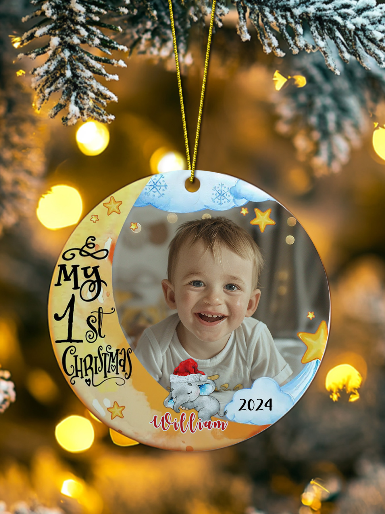 Personalized Baby's First Christmas Ornament Cute Elephant Circle Ornament Christmas Gift for Kid-Blongser