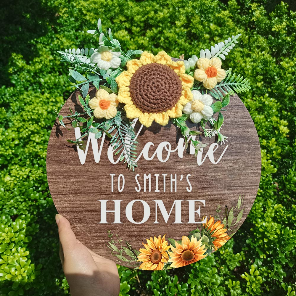 Welcome Door Sign Crocheted Flower Custom Text Front Door Decorations Unique Gifts-Blongser