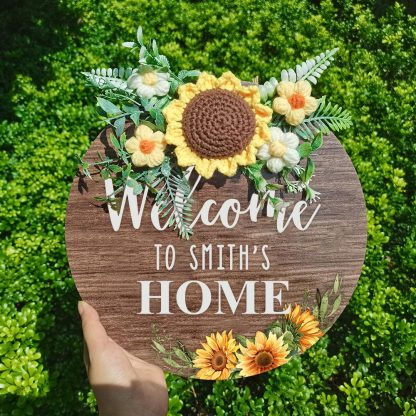 Welcome Door Sign Crocheted Flower Custom Text Front Door Decorations Unique Gifts-Blongser