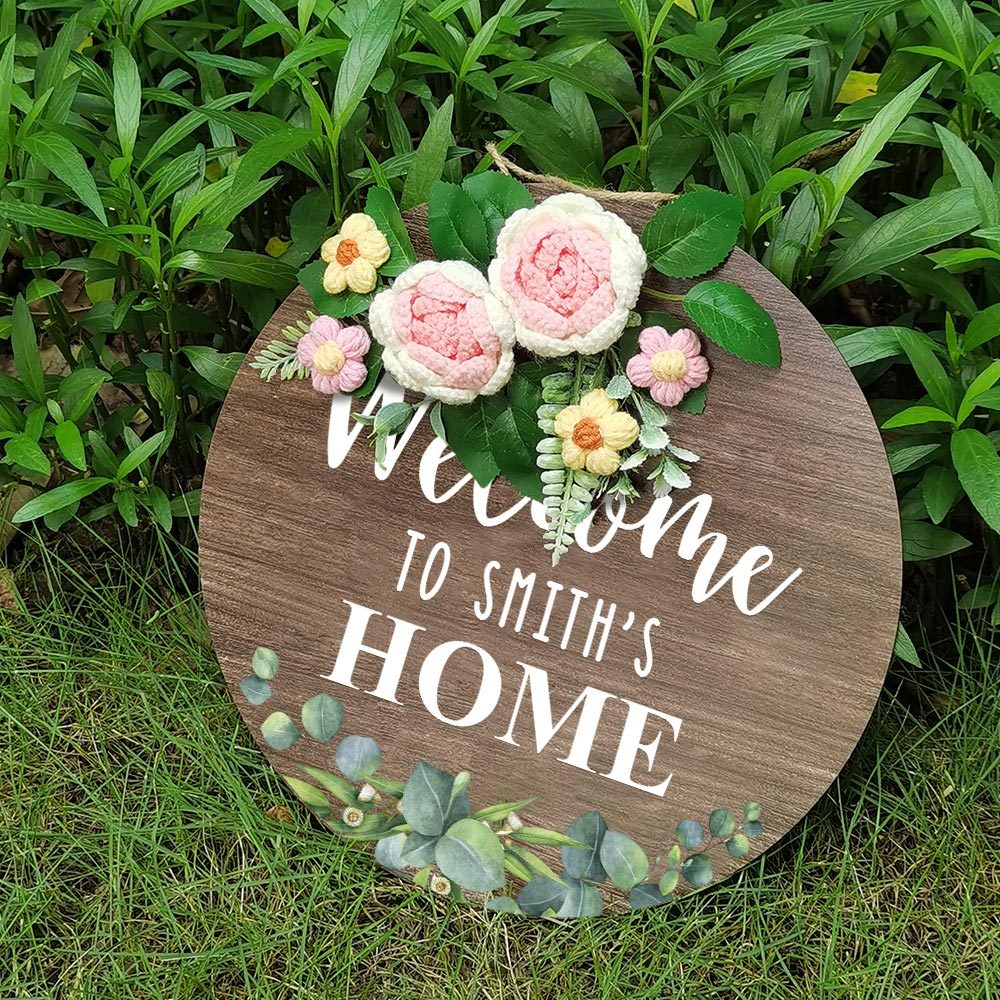 Welcome Door Sign Crocheted Flower Custom Text Front Door Decorations Unique Gifts-Blongser
