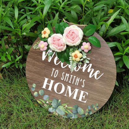 Welcome Door Sign Crocheted Flower Custom Text Front Door Decorations Unique Gifts-Blongser