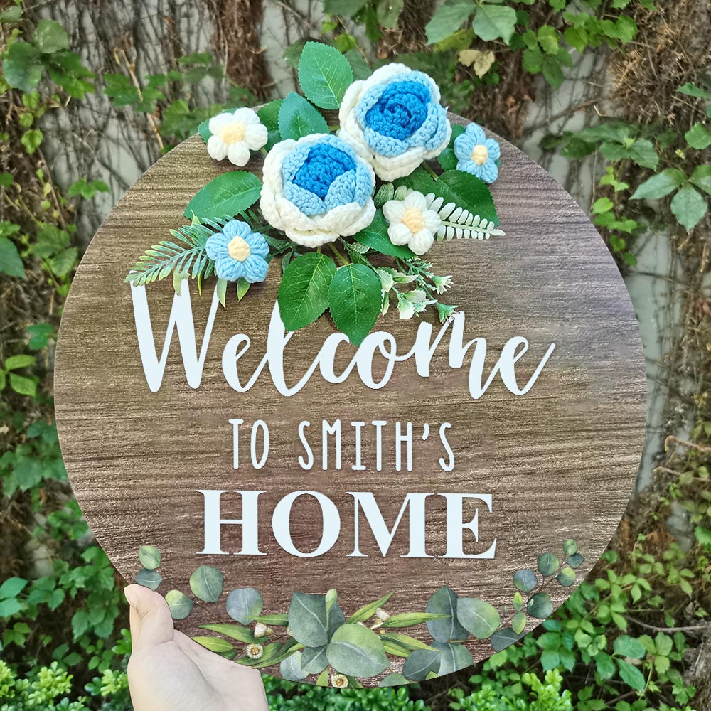 Welcome Door Sign Crocheted Flower Custom Text Front Door Decorations Unique Gifts-Blongser