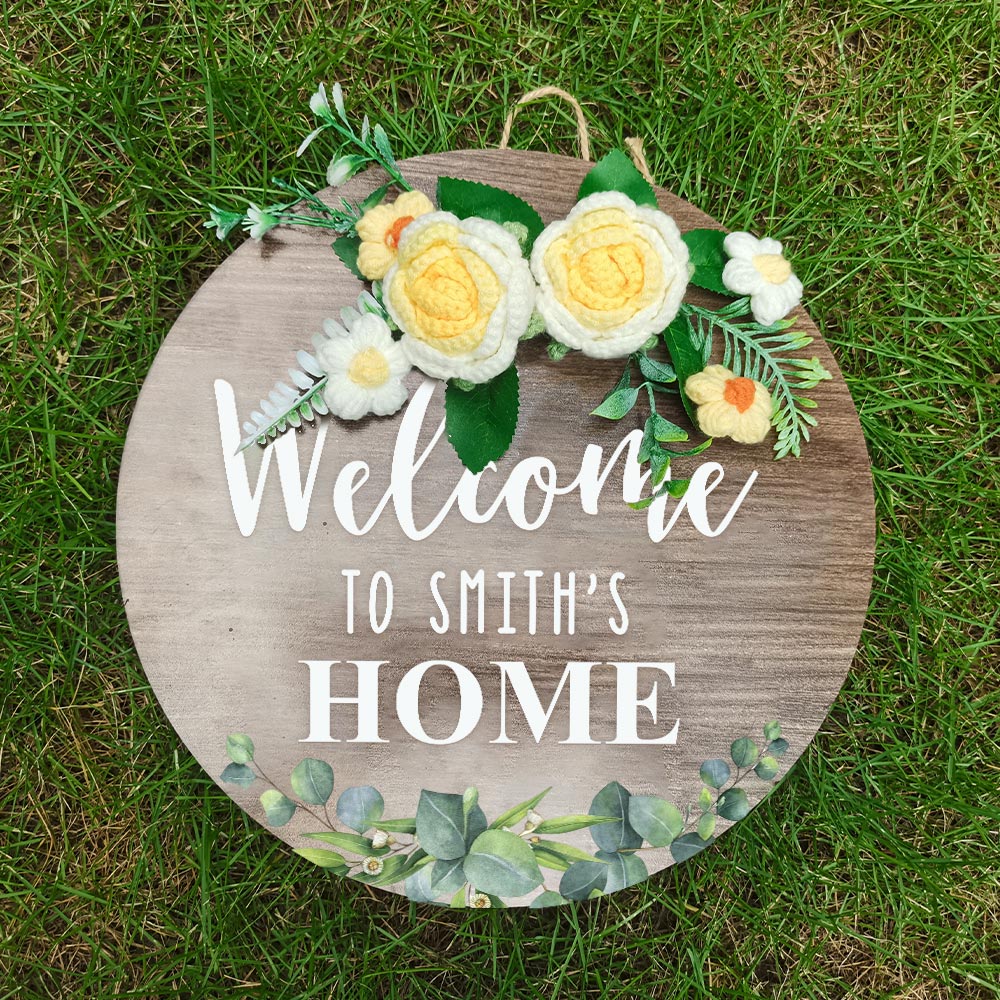 Welcome Door Sign Crocheted Flower Custom Text Front Door Decorations Unique Gifts-Blongser