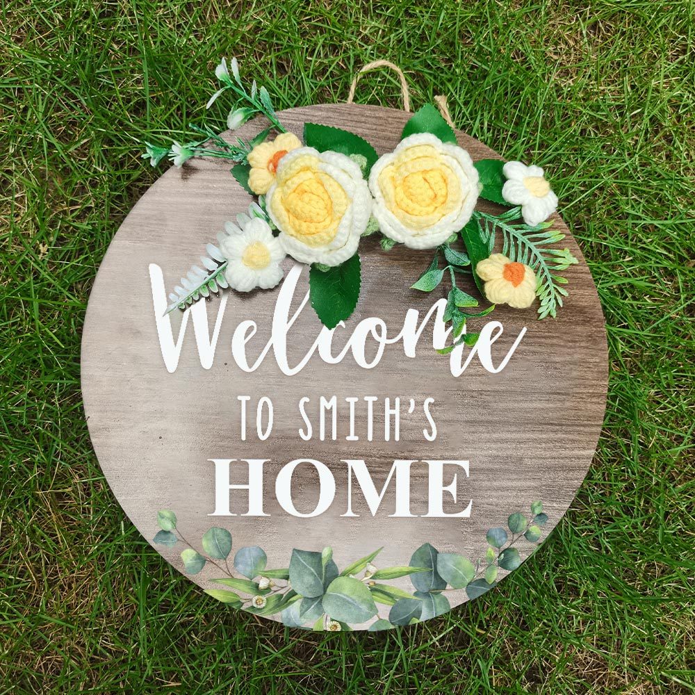 Welcome Door Sign Crocheted Flower Custom Text Front Door Decorations Unique Gifts-Blongser