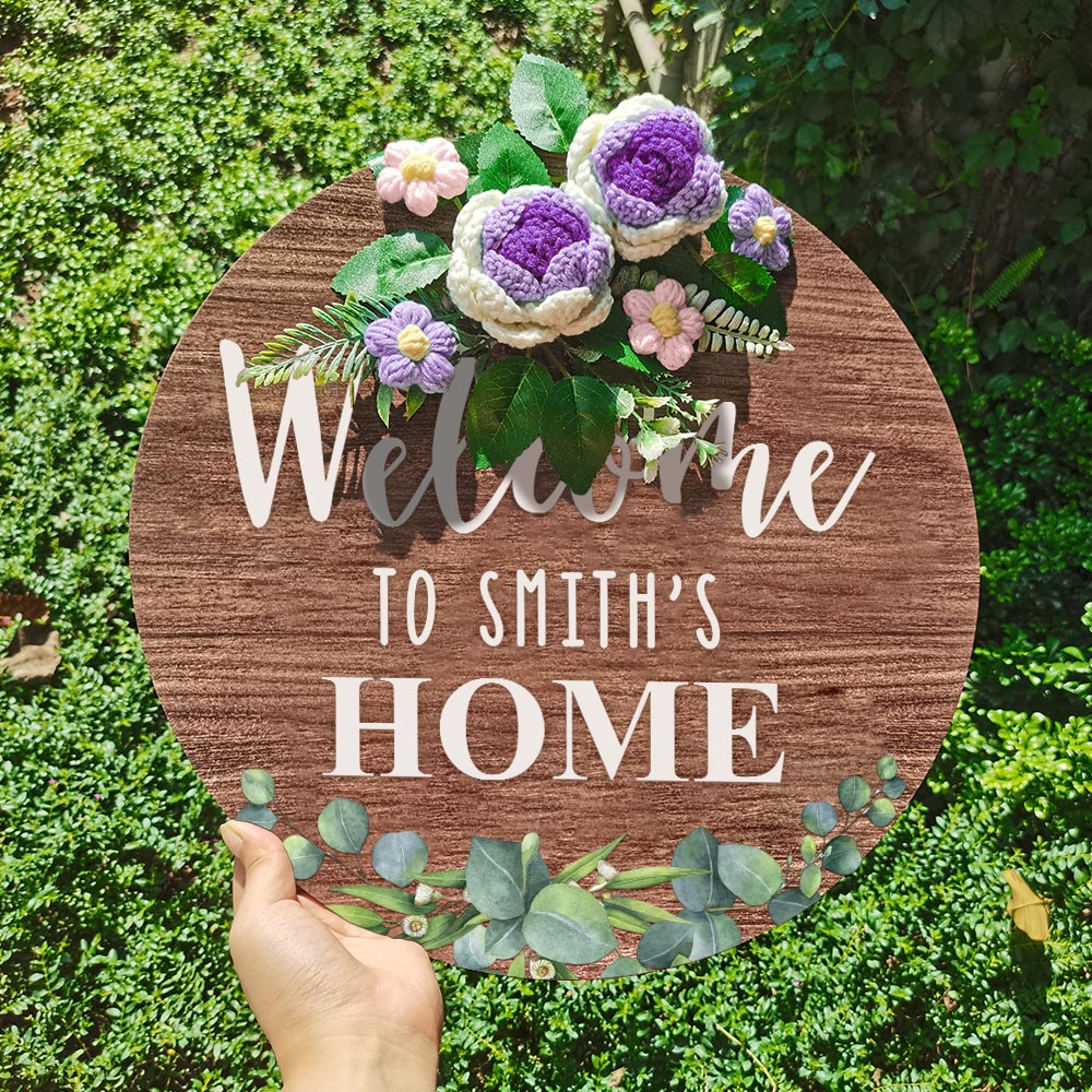 Welcome Door Sign Crocheted Flower Custom Text Front Door Decorations Unique Gifts-Blongser