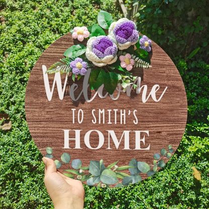 Welcome Door Sign Crocheted Flower Custom Text Front Door Decorations Unique Gifts-Blongser