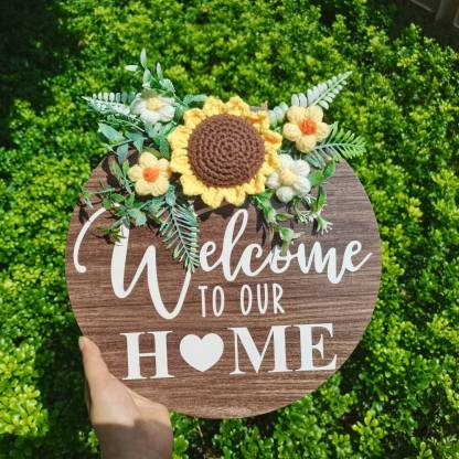 Welcome Door Sign Crocheted Flower Front Door Decorations Unique Gifts-Blongser