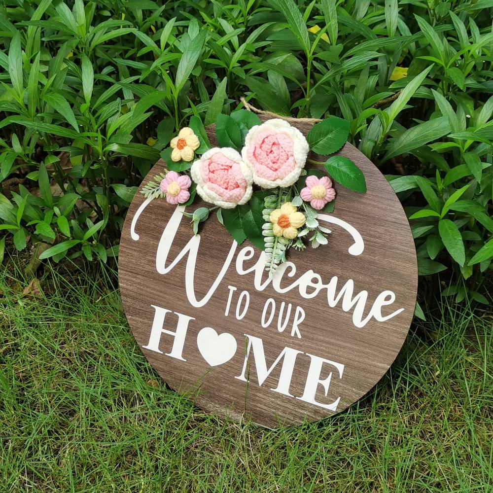 Welcome Door Sign Crocheted Flower Front Door Decorations Unique Gifts-Blongser