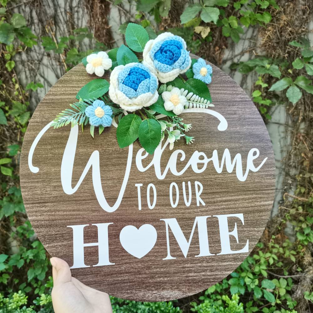 Welcome Door Sign Crocheted Flower Front Door Decorations Unique Gifts-Blongser