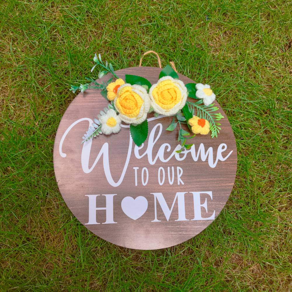 Welcome Door Sign Crocheted Flower Front Door Decorations Unique Gifts-Blongser