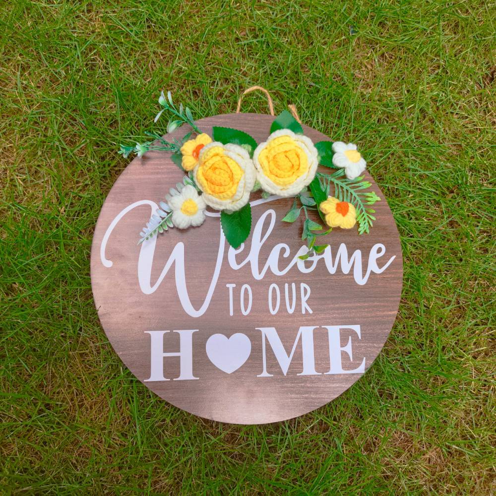 Welcome Door Sign Crocheted Flower Front Door Decorations Unique Gifts-Blongser