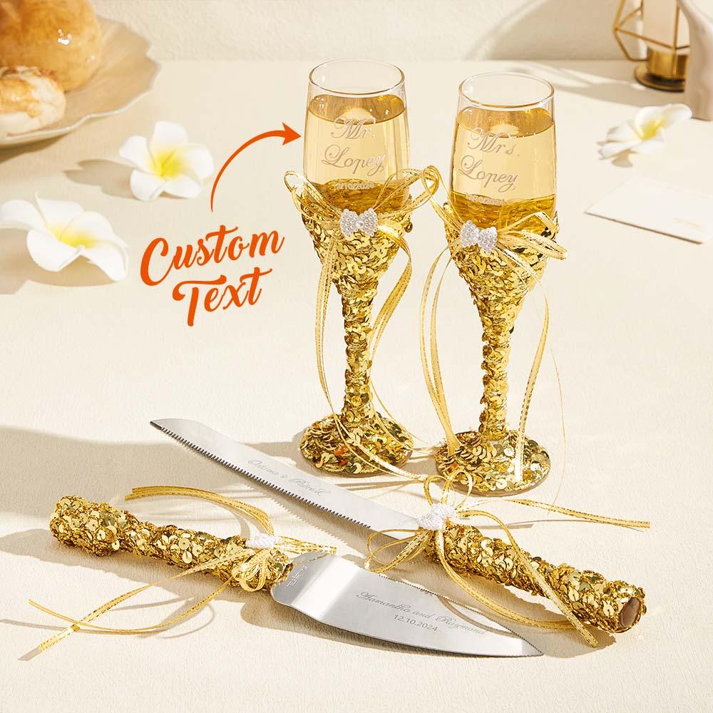 Personalized Champagne Flutes and Cake Server Set for Bride and Groom Wedding Gift-Blongser
