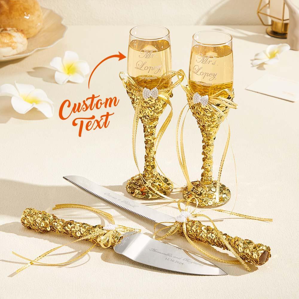 Personalized Champagne Flutes and Cake Server Set for Bride and Groom Wedding Gift-Blongser