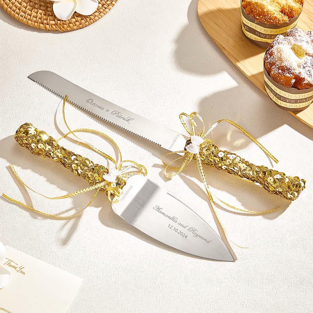 Personalized Champagne Flutes and Cake Server Set for Bride and Groom Wedding Gift-Blongser