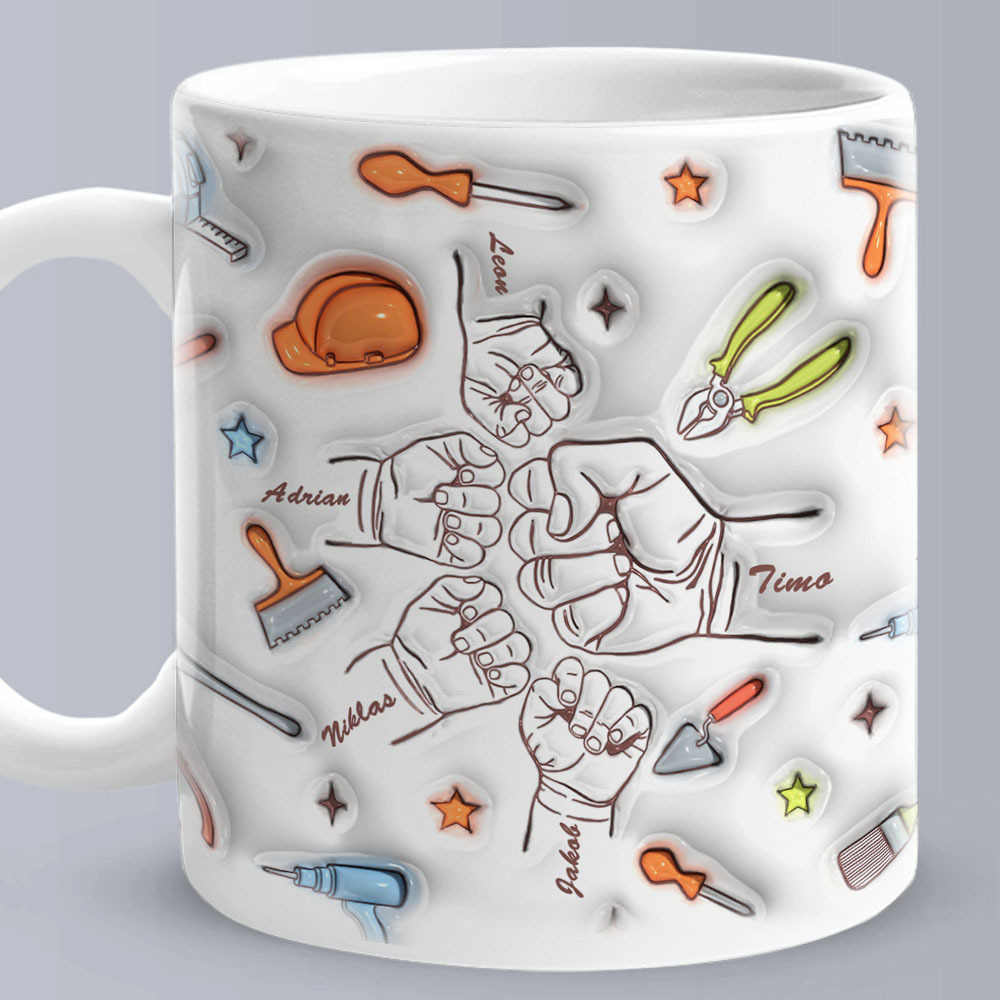 Personalized Names Mug Custom 1-6 Kids Fist Bump 3D Inflated Effect Printed Mug Creative Gift for Dad Grandpa Great Fixer-Blongser