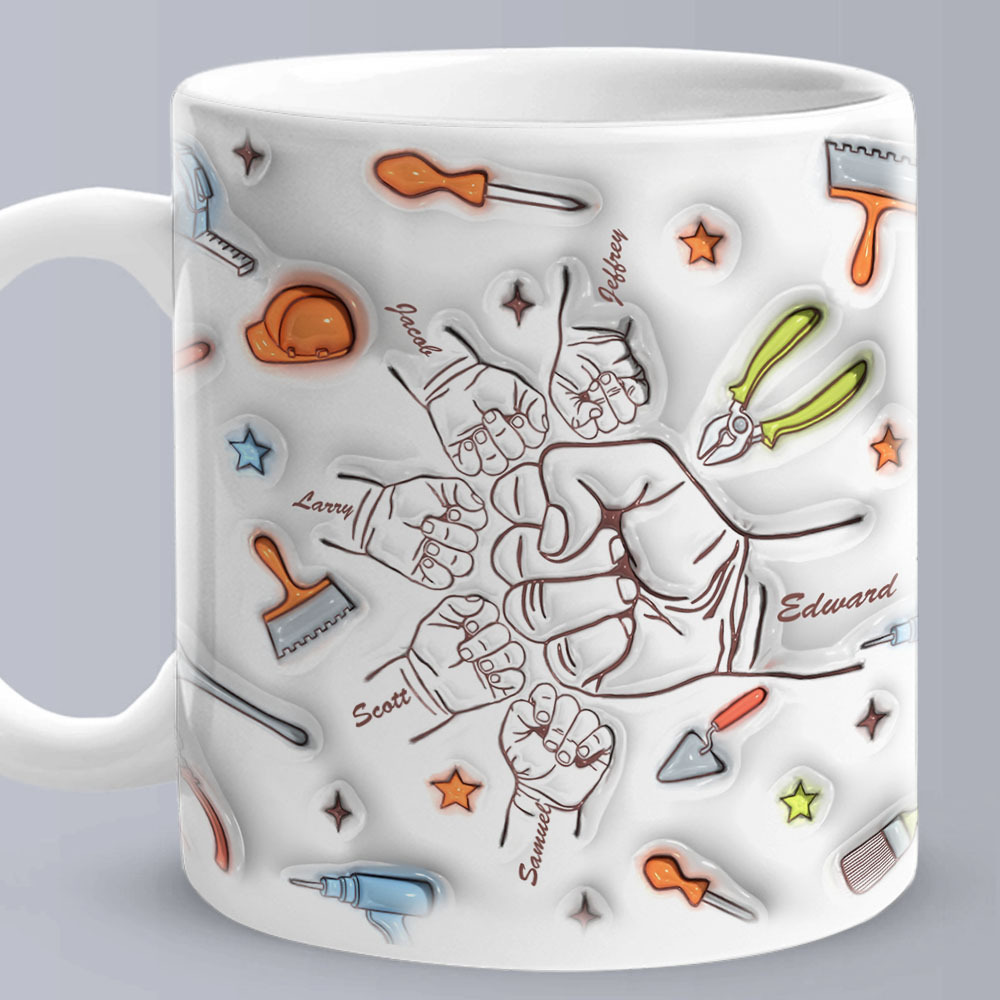Personalized Names Mug Custom 1-6 Kids Fist Bump 3D Inflated Effect Printed Mug Creative Gift for Dad Grandpa Great Fixer-Blongser
