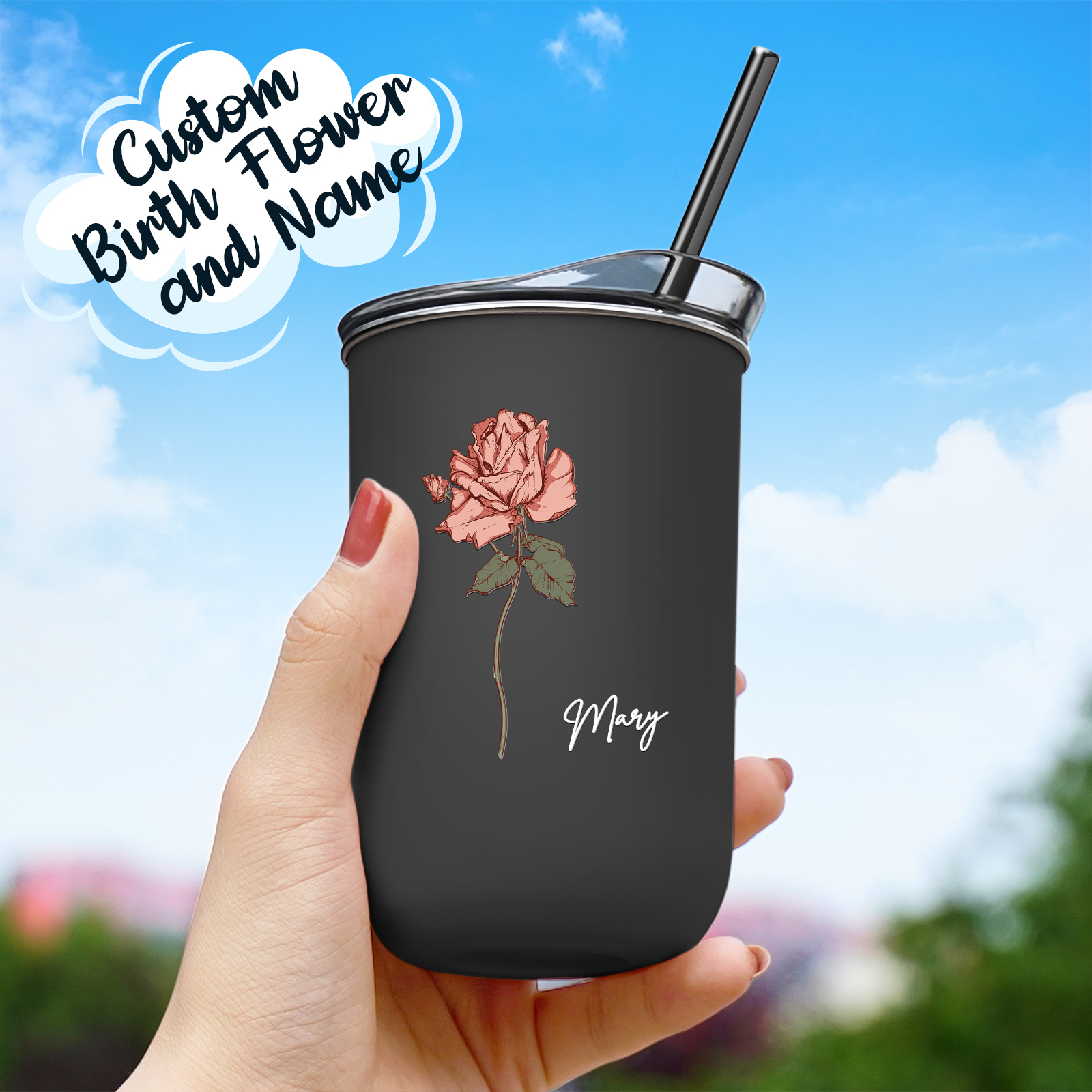 Custom Name Birth Flower Straw Coffee Cup 12oz/350ml - Personalized and Stylish-Blongser