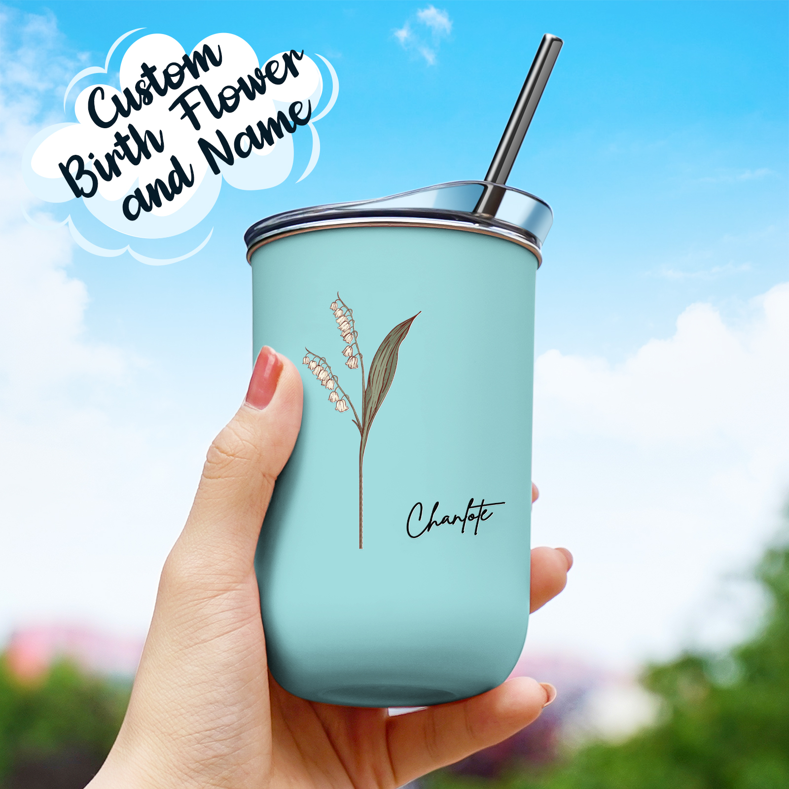 Custom Name Birth Flower Straw Coffee Cup 12oz/350ml - Personalized and Stylish